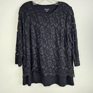 J. Jill Tunic Top Black Lace Over Jersey Knit Sz Large Dark Romantic Whimsigoth
